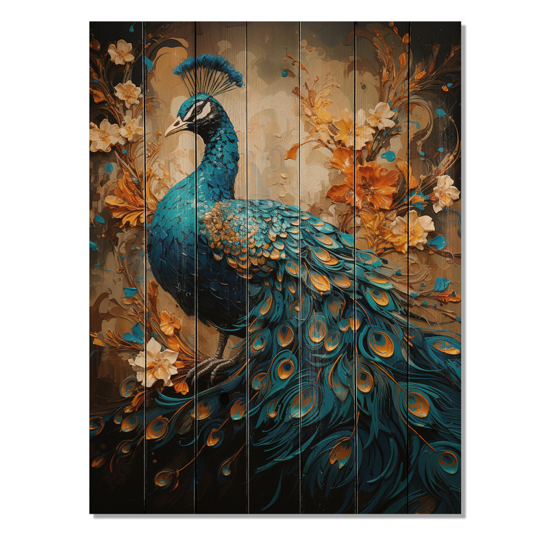 Impression de gouttes de paon bleu sarcelle et émeraude sur bois naturel, H 40 po x l 30 po x P 0,78 po