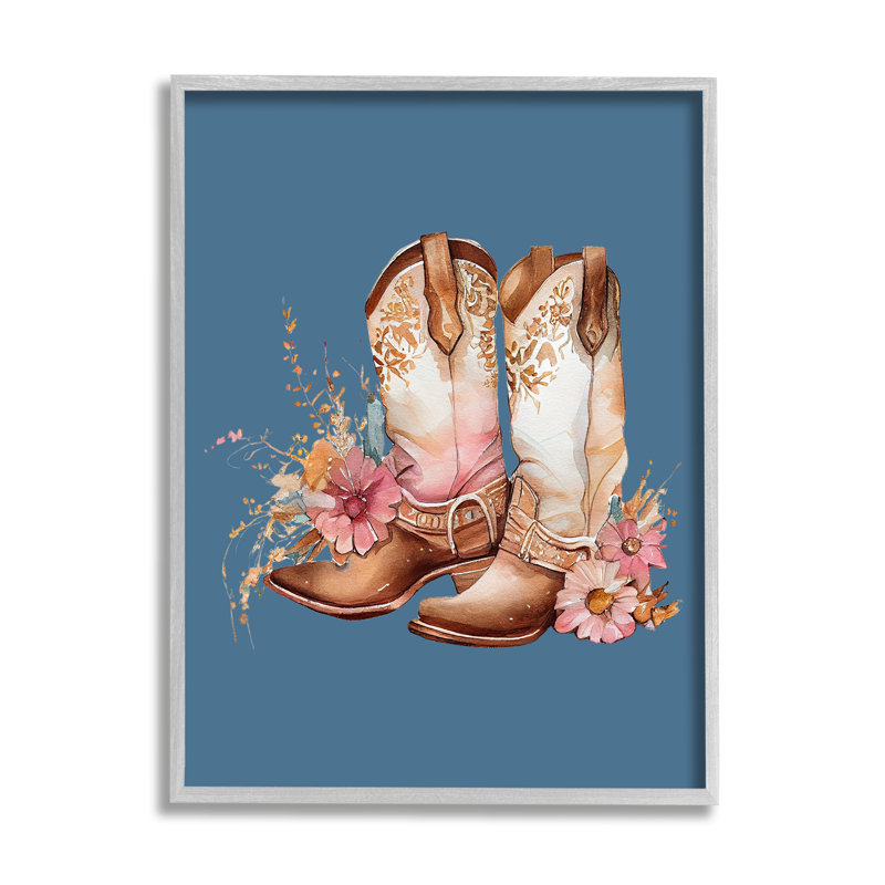 Bottes de cow-boy florales sur fond bleu, Estampe numérique Farmhouse, H 14 po x l 11 po x P 1,5 po