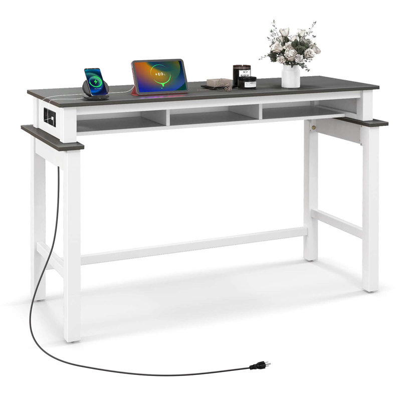 Ebern Designs Bar Table With Power Outlets Counter Height Table With Storage Compartments Wooden, Grey, White