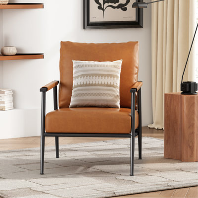 Chaise en similicuir de style Mid-Century moderne - Structure en métal rembourrée de couleur brune pour le salon, la chambre à coucher ou le siège d'appoint de la chambre à coucher