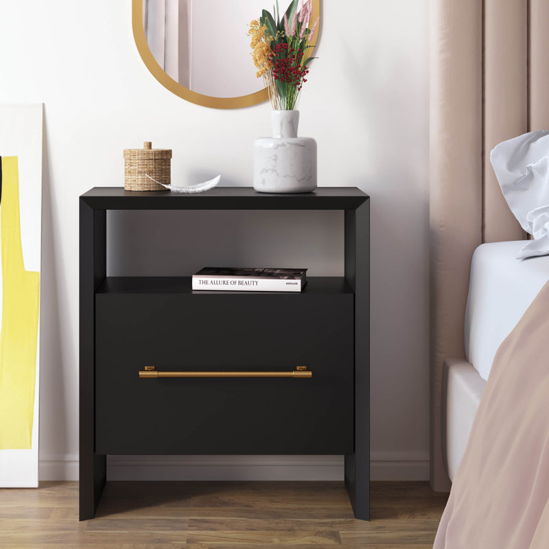 1 - Drawer Solid Wood Nightstand, Black
