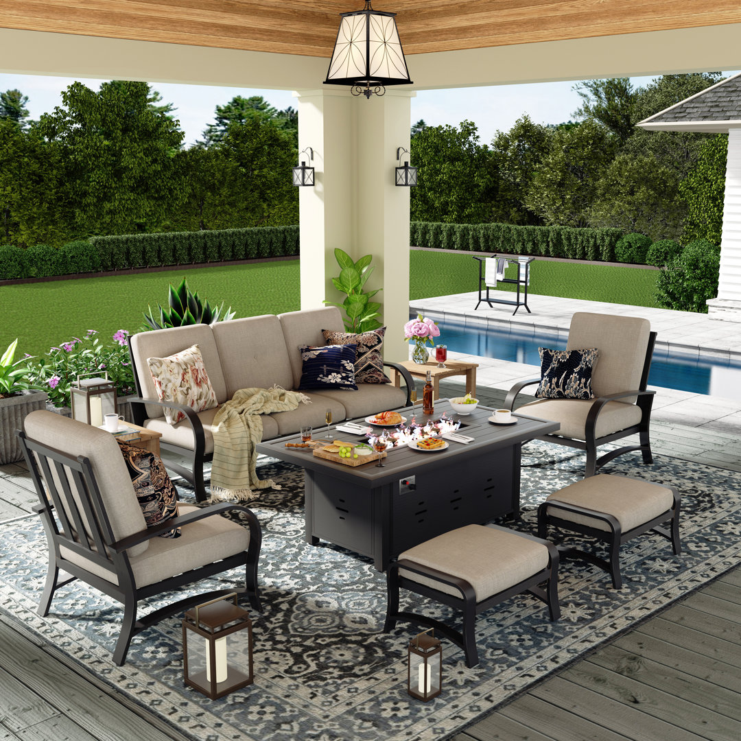 Chamber 5 - Person Outdoor Conversation Sofa Seating Group With Sunbrella® Cushions, Fire Pit Table And Ottomans Peak Home Furnishings