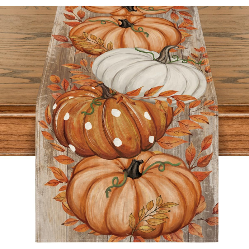 Orange Pumpkins Leaves Woods Autumn Table Runner 40x140 cm | Seasonal Fall Kitchen Dining Table Decoration for Home Party Decor