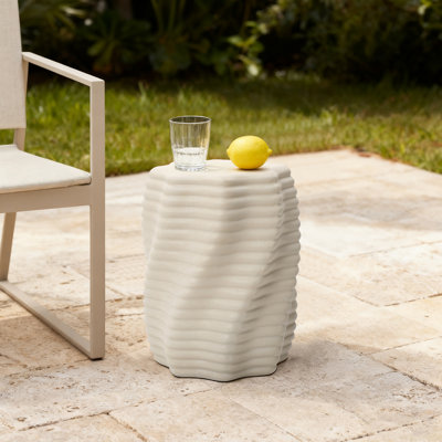 Sculptural MgO Patio Table, 18.3" Tall Round Side Table for Outdoor Spaces