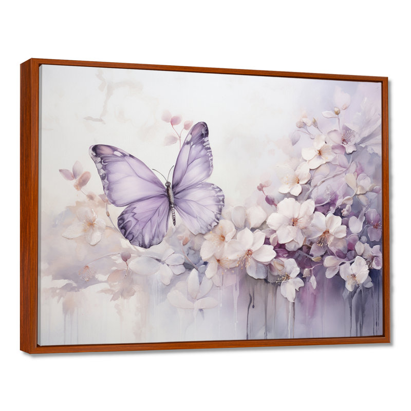 Papillon mauve en vol enchanté II - Art mural papillon, H 12 po x l 20 po, Cadre flottant brun