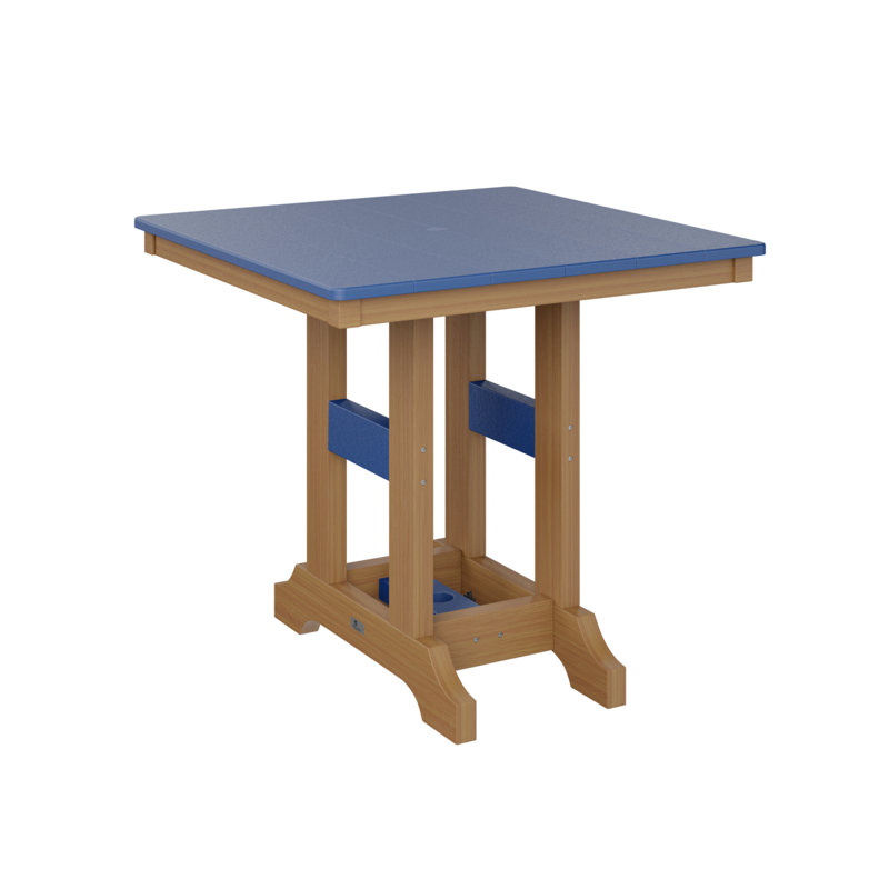 Garden Classic Outdoor Square Bar Table, Pacific Blue, Natural Teak, 35.5" H x 33" W x 33" D