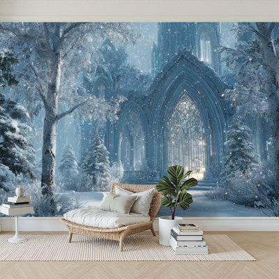 Peel and Stick Wallpaper 144" W x 100" H Modern Self Adhesive Wall Mural for Bedroom Winter Wonderland Crystal Ice Castle Snow Pine Forest Snowflakes