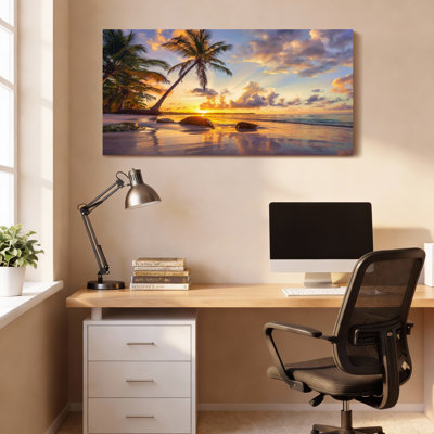 Tropical Sunset Palm Tree Beach Scene Canvas Wrapped Wall Art Oil Painting Print Set Of 1