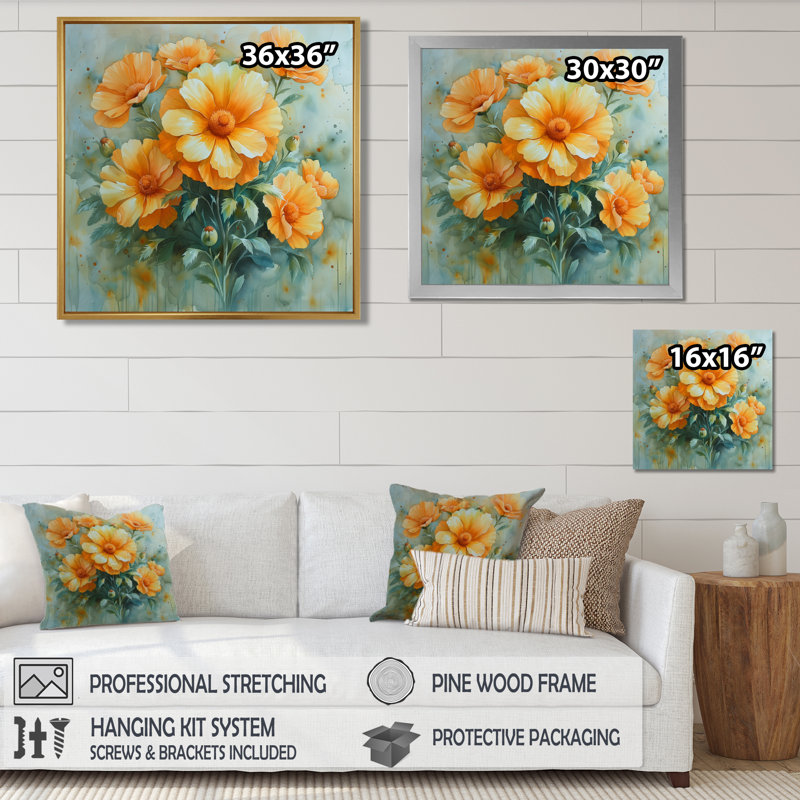 Bouquet de pétales délicats jaune et vert - souci mural, Black Picture Framed, H 16 po x l 16 po
