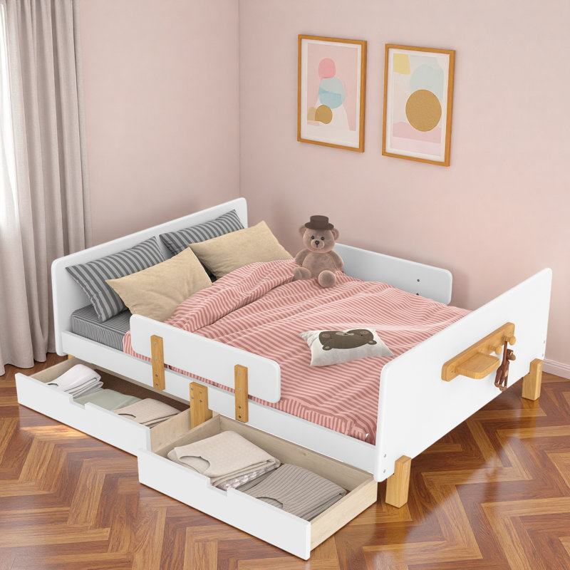 Lit plateforme avec tiroirs de rangement, garde-corps, petite tablette et crochets, Blanc clair, Double