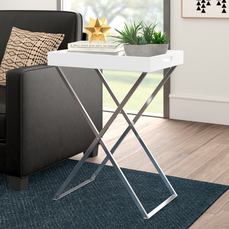 Kline Tray Top Cross Legs End Table, Silver, White