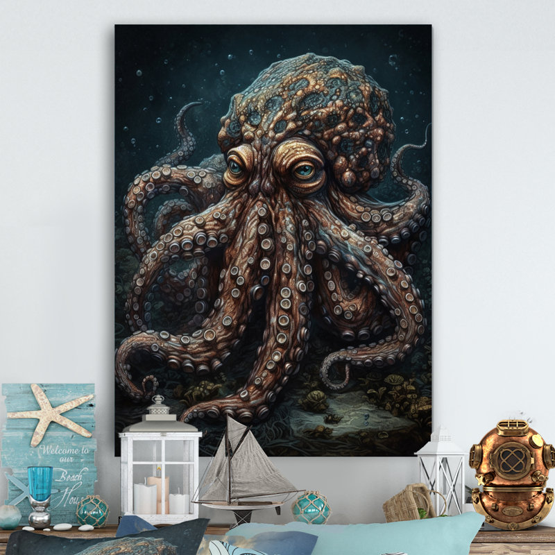 «Brown Octopus Under The Sea - Octopus», reproduction d'art sur toile encadrée, H 20 po x l 12 po, Toile tendue