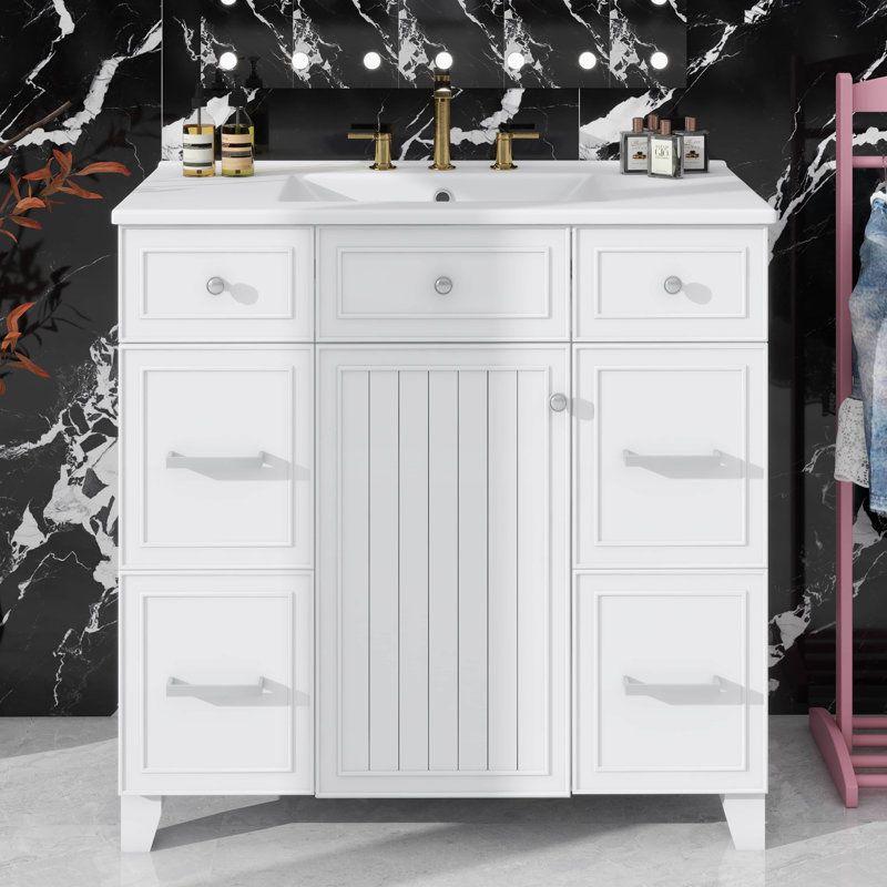 Ensemble de meuble-lavabo 36 po avec lavabo 36 po, meuble-lavabo moderne avec 3 tiroirs et portes à fermeture en douceur, armoire de salle de bain en bois massif avec lavabo encastré en céramique