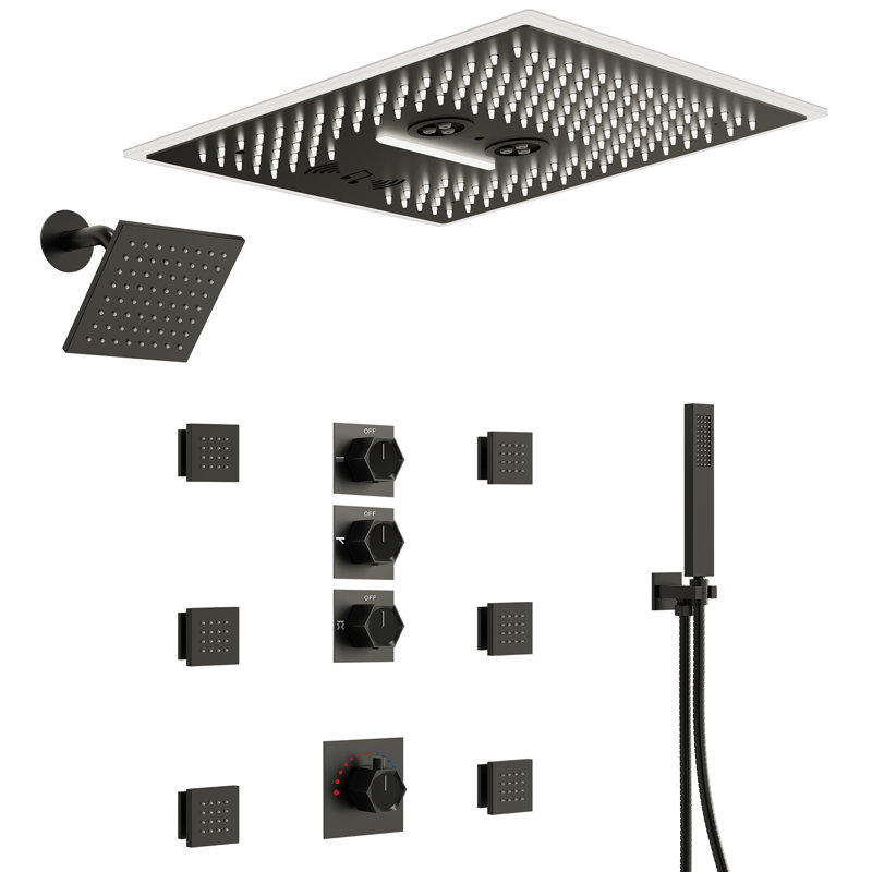 16" LED Thermostatic Shower System with Bluetooth Music, 6" Rainfall Shower faucet with Handheld  Shower, Matte Black