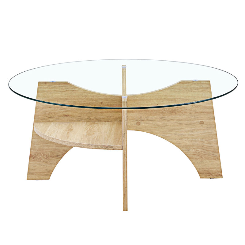 Table basse ronde en verre trempé, Bois naturel