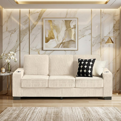 84.25" Wide Upholstered Corduroy Sofa with Built-In Cup Holders