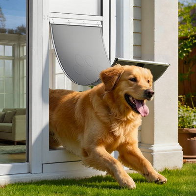 Porte pour chien pour porte coulissante en verre, hauteur réglable 75 7/8 po à 80 11/16 po, cadre en alliage d'aluminium avec rabat et serrure, pour chiens de très grande taille, portes pour animaux en verre coulissantes pivotantes à ouverture à 180 ° pour les locataires