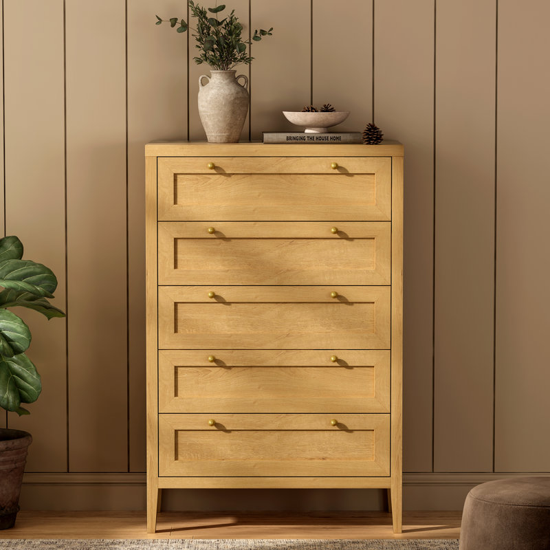 5-Drawer Dresser For Bedroom & Living Room – Art Deco & Mid-Century Modern Style With Golden Handles