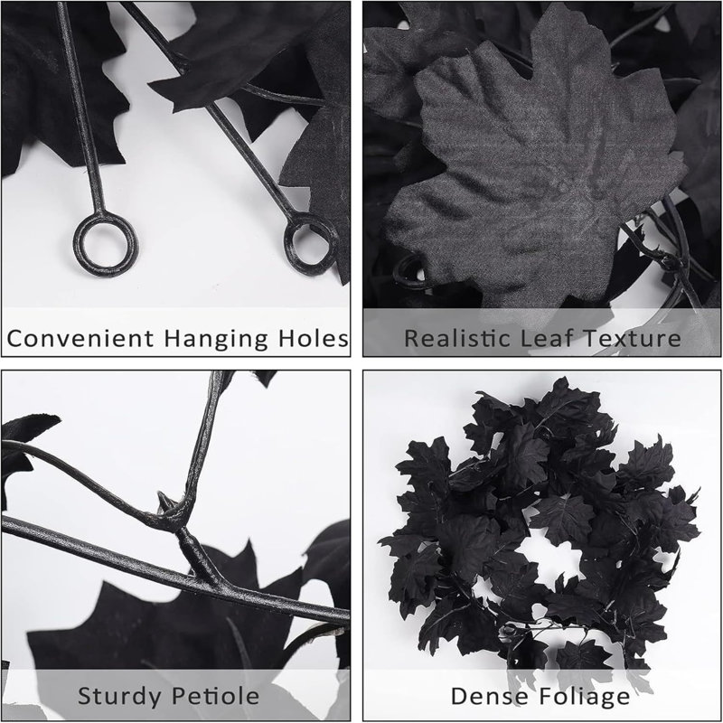 2 Pack Fall Maple Leaf Garland, Artificial Autumn Foliage Garland, Hanging Vine Halloween Decor for Home Fireplace Party, Black