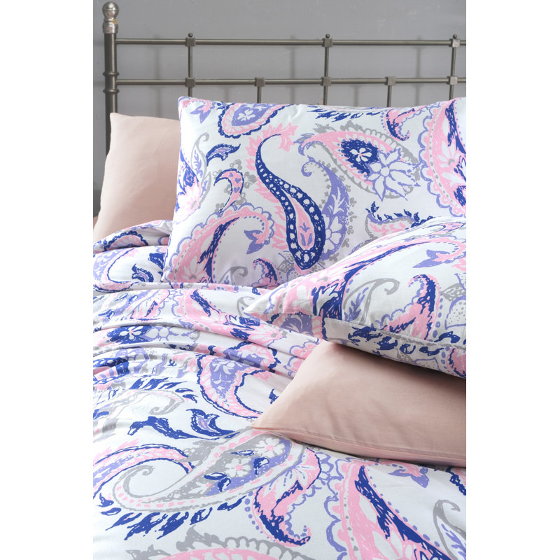 Ensemble de housse de couette simple 100% coton Ranforce, blanc / mauve / rose, housse de couette 53,1 po x 78,7 po et taie d'oreiller 31,5 po x 31,5 po | Couette 142 fils, fermeture à boutons, lavable à la machine à 30 ° C | Literie douce et élégante