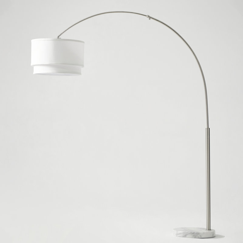 Mason 81 in. Modern Adjustable LED Arched Standing Floor Lamp with Fabric Drum Shade and Weighted Marble Base, Nickel
