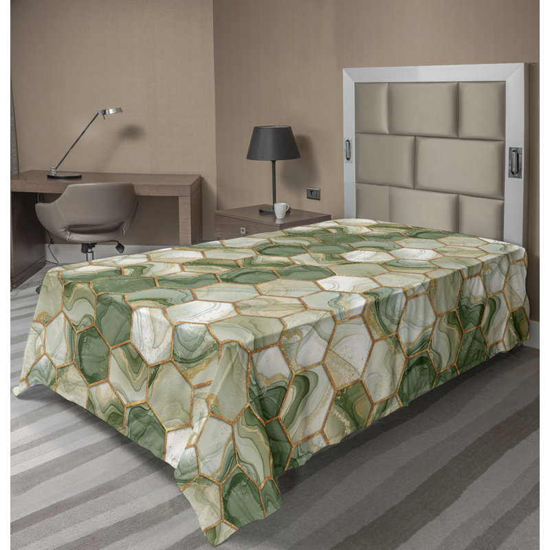 Ambesonne drap plat géométrique à motif d'encre hexagonale, art vert réséda et orange pâle, Drap plat pour lit simple