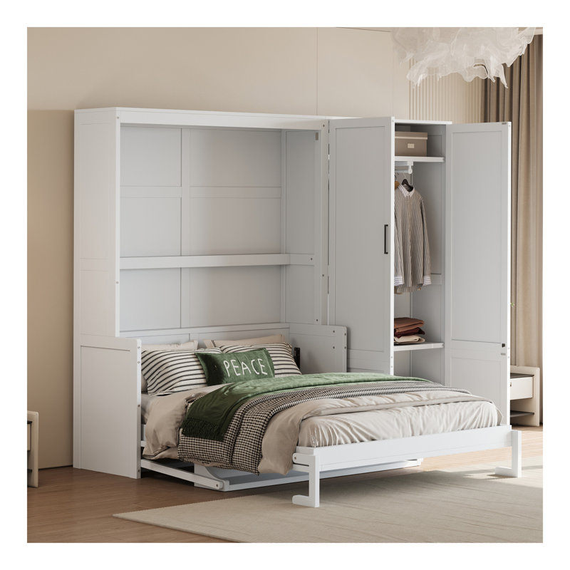 Grand lit escamotable mural avec placard, blanc