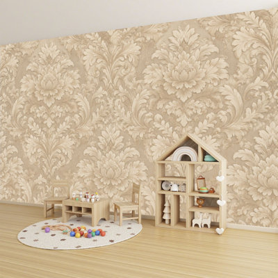Papier peint auto-adhésif à motif floral damassé beige crème doux H 100 po x l 144 po pour chambre à coucher