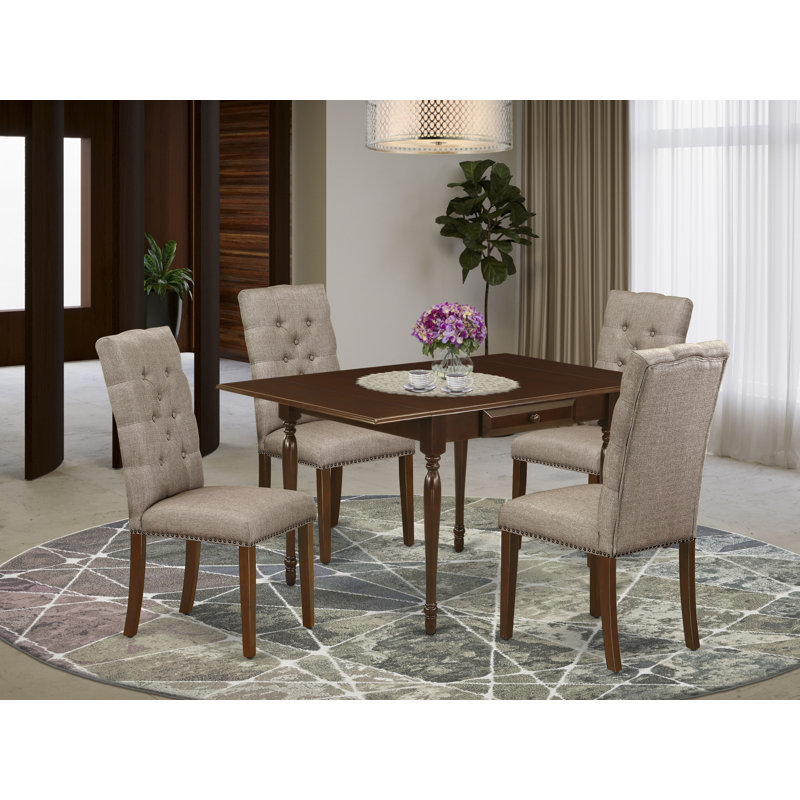 5 Piece Dining Set Includes a Rectangle Dining Room Table with Dropleaf and 4 Dark Khaki Linen Fabric Upholstered Chairs, Mahogany
