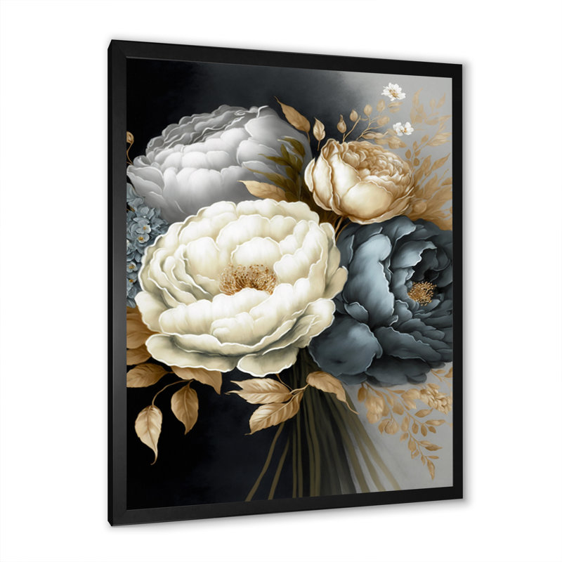 Bouquet de pivoines blanches, bleues et grises III - Impression sur toile, Cadre photo noir, H 20 po x l 12 po x P 1 po