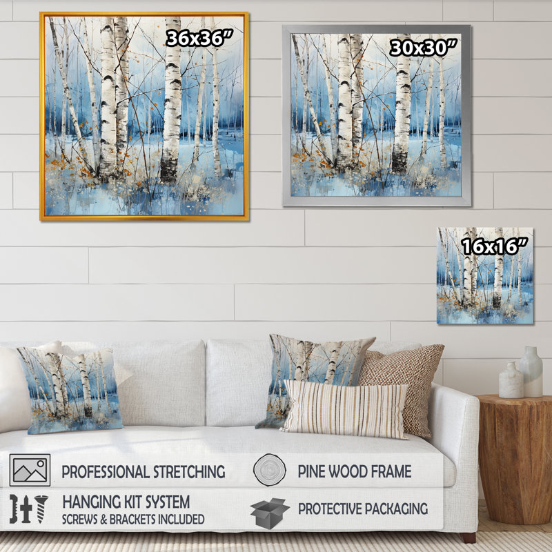 Bouleau blanc et bleu en hiver I - reproduction, Cadre flottant doré, 36" H x 36" W