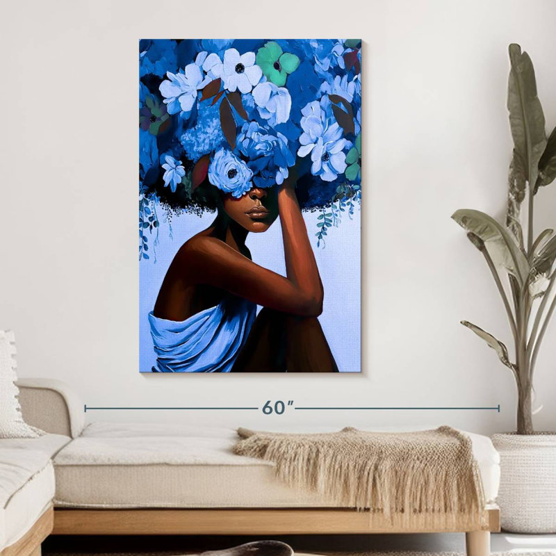Fille aux cheveux bleus sur toile, H 48 po x l 32 po x P 1,25 po
