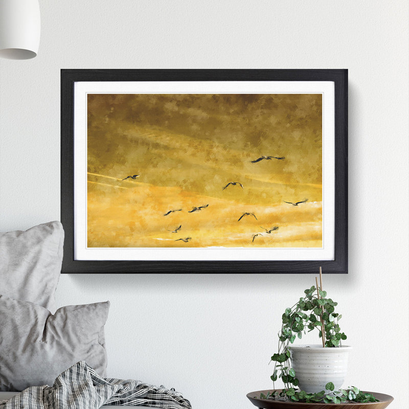 Flying Seagulls at Sunset - Framed Print, 36cm H x 48cm W x 2cm D, Black Framed