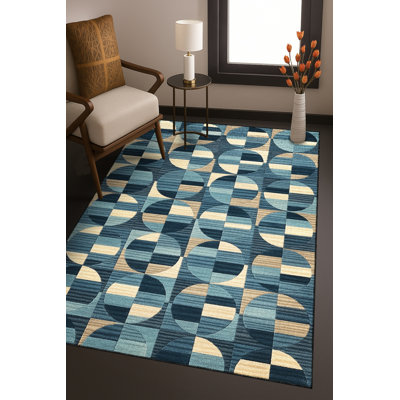 Tapis bleu tissé lavable rétro Mosso