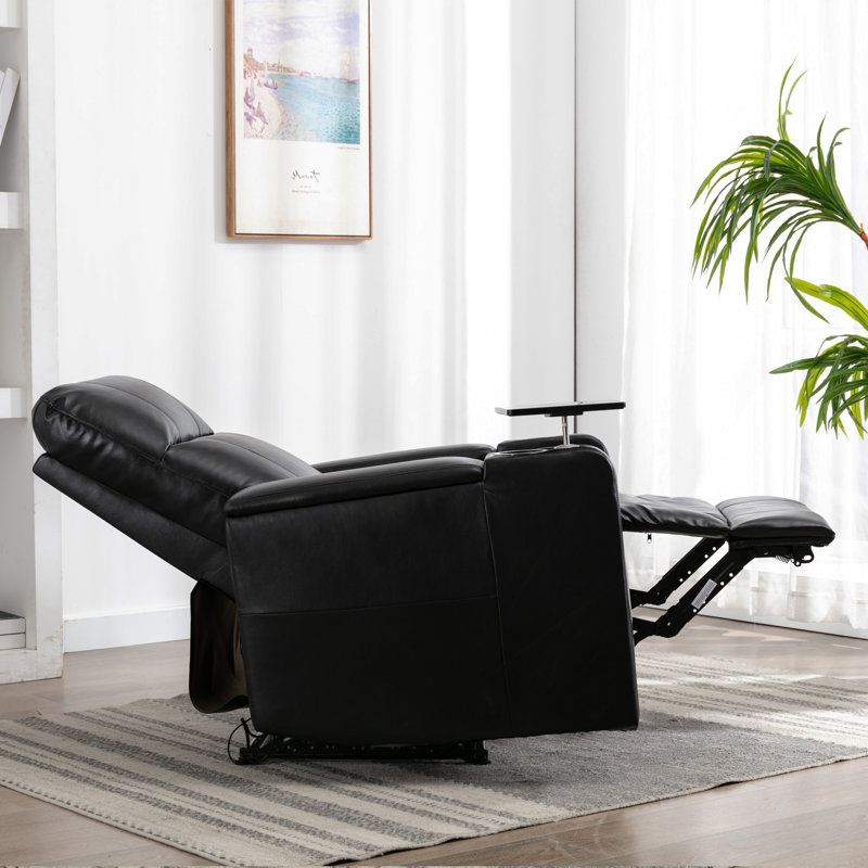Ryat 33.1'' Wide Modern Faux Leather Power Recliner with Arm Table and Cupholders (Set of 2), Black