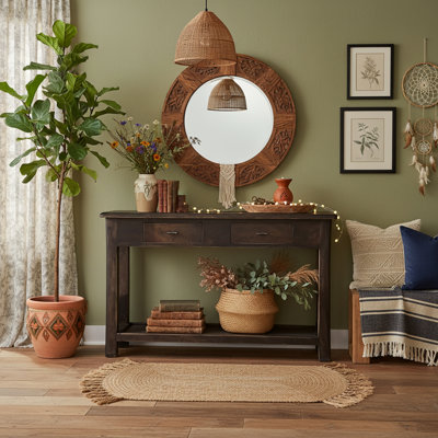 Solid Mango Wood Walnut Finish Console Table with Storage Drawers & Lower Shelf – 47” Walnut Brown Entryway Table 