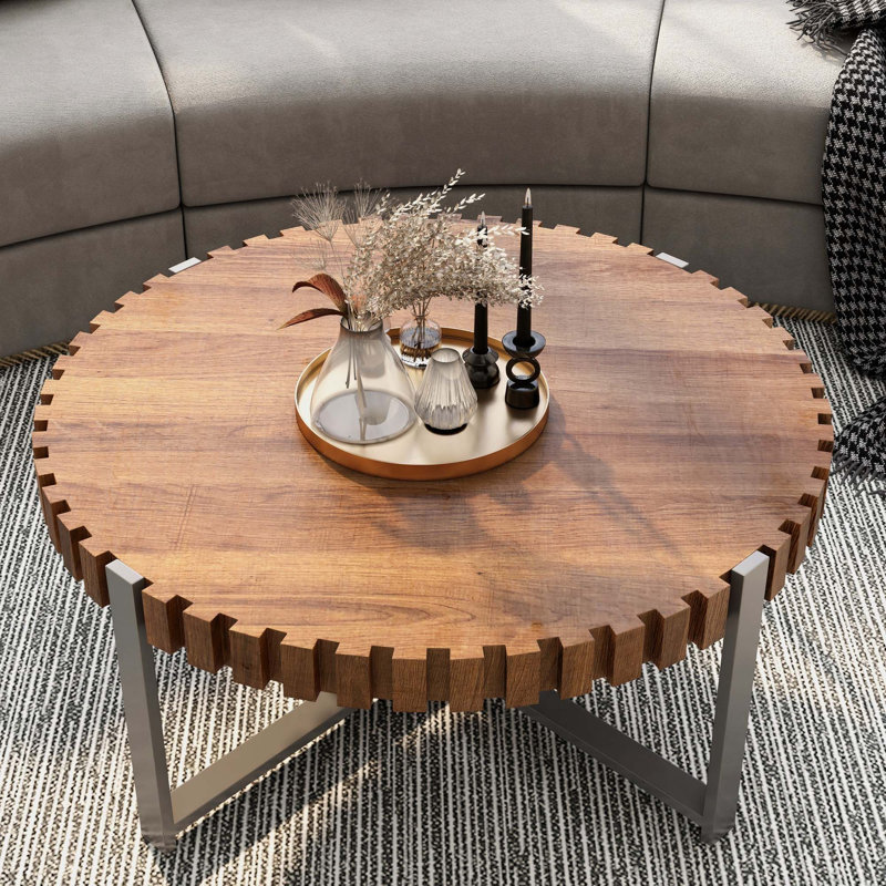 Table basse moderne en forme de tambour à grain de bois, base robuste, design multifonctionnel et peu encombrant pour les salons