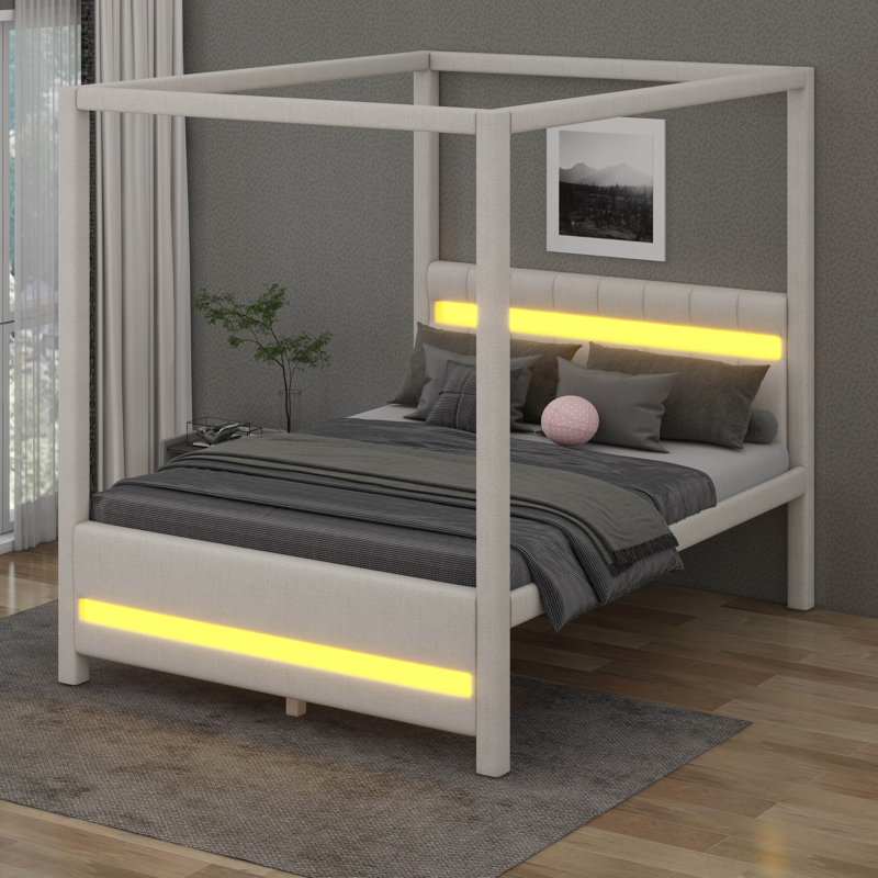Grand lit plateforme à baldaquin tapissier avec lumières DEL et tête de lit