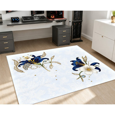 Grand tapis floral lys bleu et blanc, élégant motif de fleurs de lys pur, tapis antidérapant doux, durable, résistant aux taches et lavable à la machine, décoration intérieure élégante pour le salon, la chambre à coucher, l’appartement