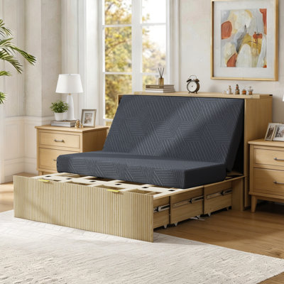 Lit escamotable avec matelas gris, prises électriques et rangements – Lit-armoire de style milieu du siècle