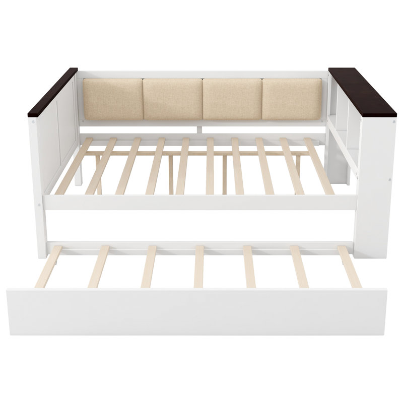 Lit de jour double en bois blanc avec rangement, dossier rembourré, port USB et lit gigogne, Full