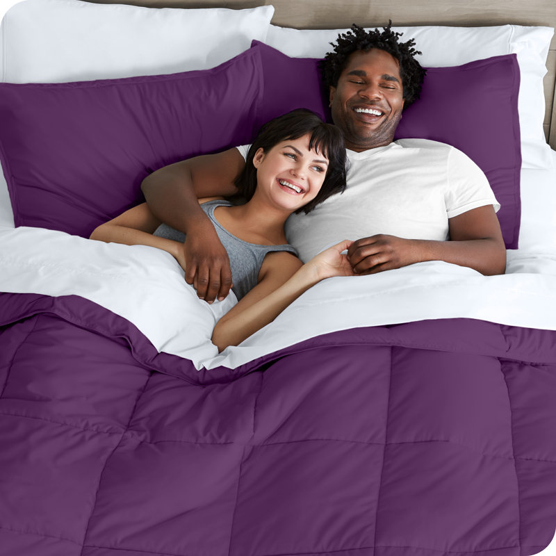 Lit dans un sac en microfibre 1800 de qualité supérieure 1800, Édredon simple TG et 4 pièces supplémentaires, Prune / blanc