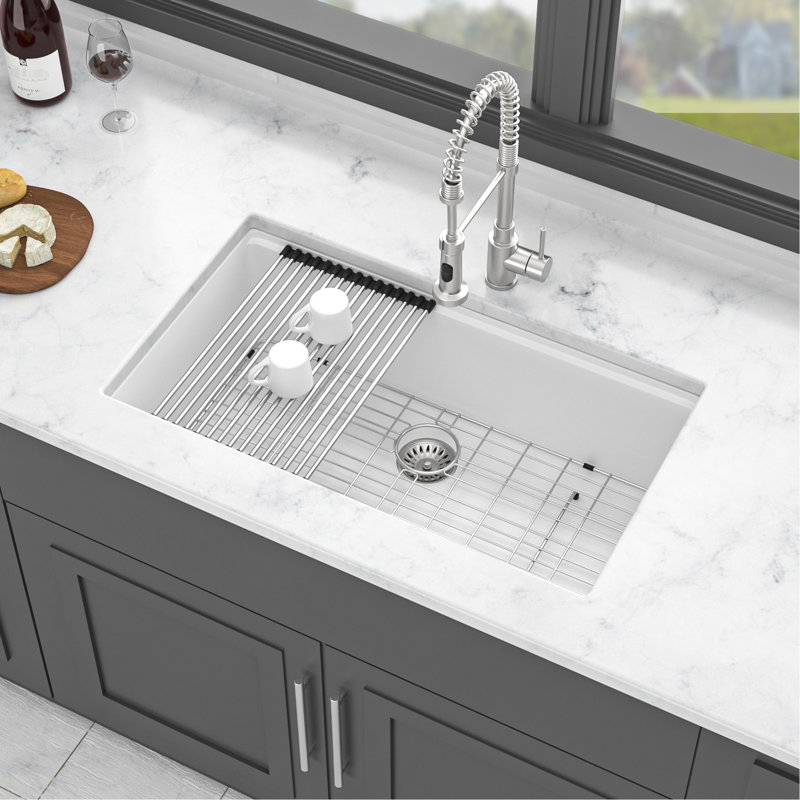 Évier de cuisine blanc en quartz 30 po x 19 po, surface épaisse et lisse, paquet avec pinces à crépine, blanc, 30 x 19 po, quartz, poste de travail, encastré, lisse, non poreux