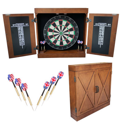 Hathaway Farmington 18-in Bristle Dart Board and Cabinet Set – Includes Self Healing Sisal Board, Rotatable Number Ring, Chalk Scoreboards & Steel-Tip Darts - Complete Dart Accessories - Walnut