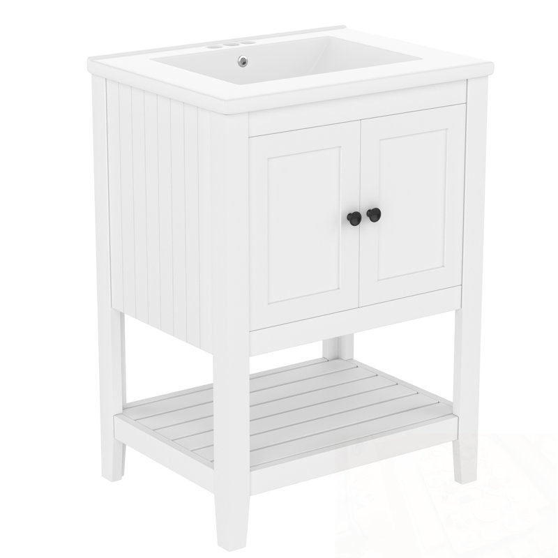 Lavabo de salle de bain en céramique avec tablette ouverte, Blanc