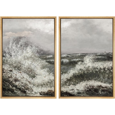 " Cresting Waves Dynamic Seascapes In Monochrome Nature Wilderness Illustrations Rustic Decor " 2 - Pieces
