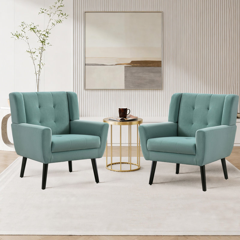 Tufted Upholstered Wide Back Armchair（Set of 2）, Teal Velvet