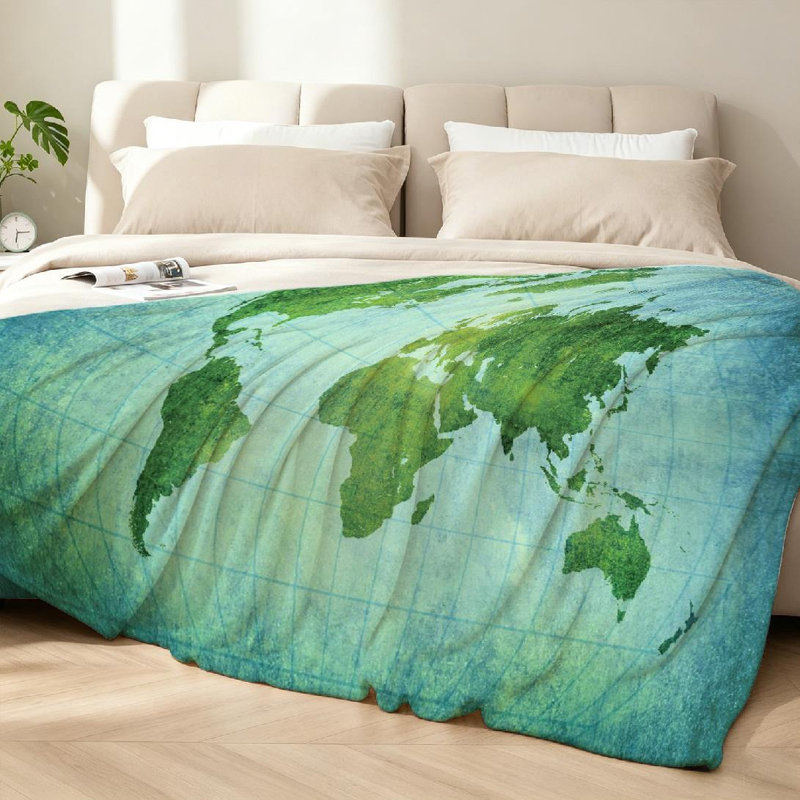 Jeté en flanelle bleue ultra douce, imprimé carte du monde rétro, Twin 60" x 80"