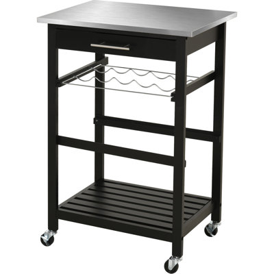 Kitchen Island With Stainless Steel Top - Drawer And Wine Rack, Rolling Trolley For Functional Cart Tabletop Rack Compact Storage