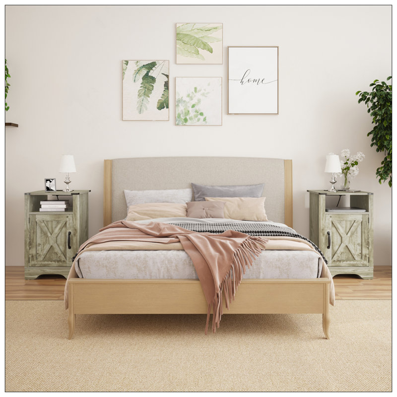 Table de chevet Farmhouse, table de bout rustique en bois avec prises électriques et station de charge, Set of 2, Gris clair